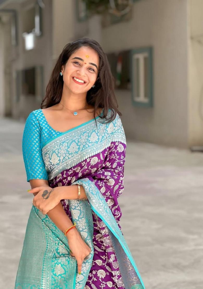 Purple Woven Silk Blend Saree Set - Indya
