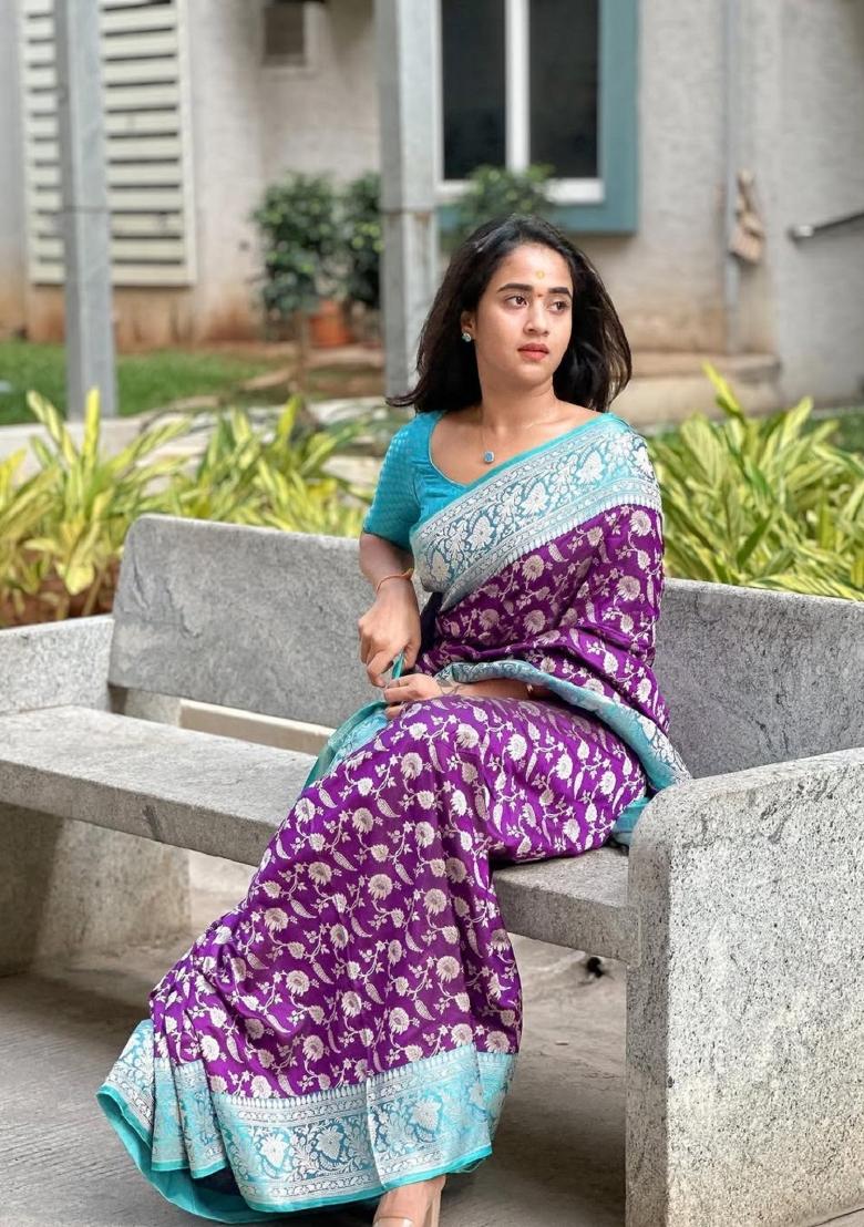 Purple Woven Silk Blend Saree Set - Indya