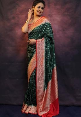 Green Woven Silk Blend Saree Set