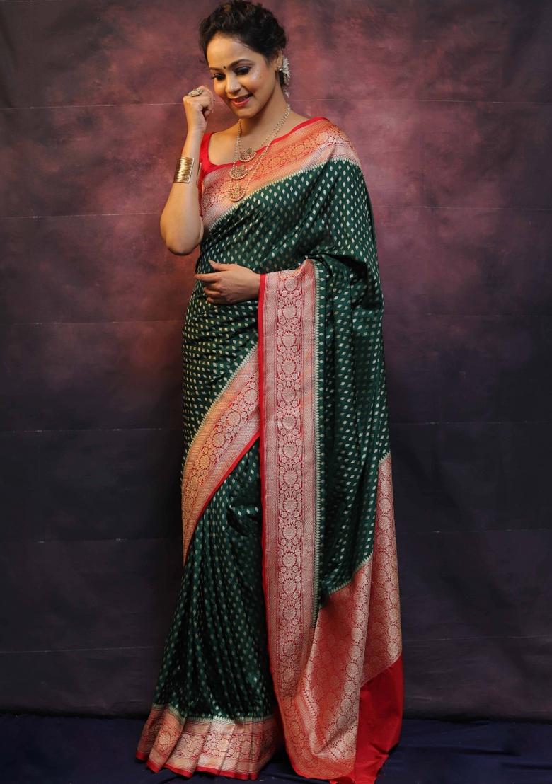 Green Woven Silk Blend Saree Set - Indya