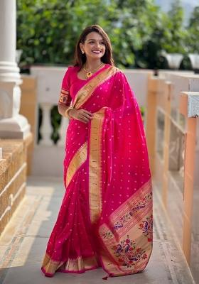 Pink Woven Silk Blend Saree Set