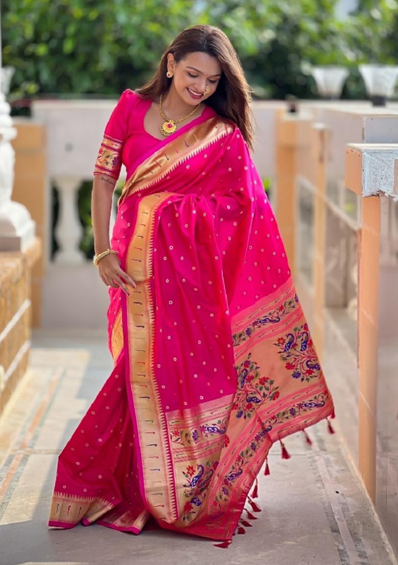 Pink Woven Silk Blend Saree Set - Indya