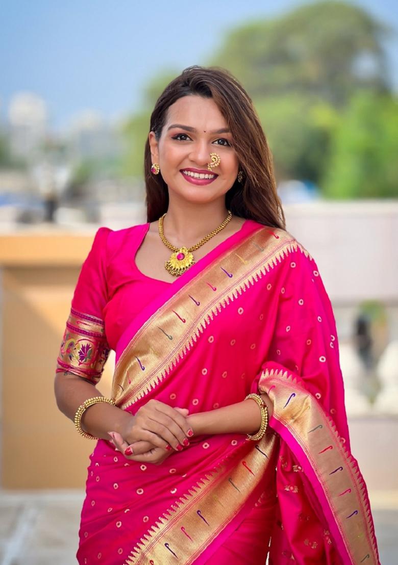 Pink Woven Silk Blend Saree Set - Indya