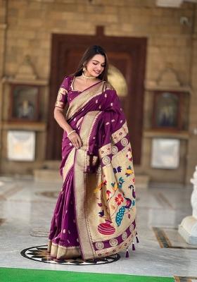 Purple Woven Silk Blend Saree Set