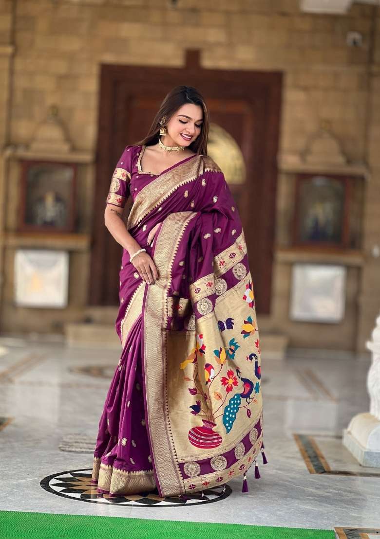 Purple Woven Silk Blend Saree Set for Diwali and Festive Wear - Indya