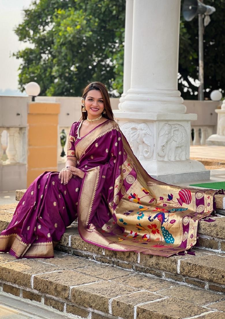 Purple Woven Silk Blend Saree Set - Indya