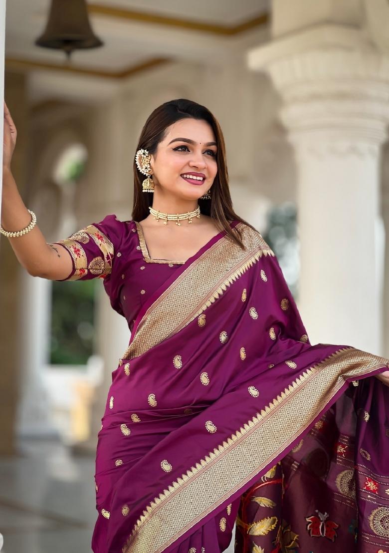 Purple Woven Silk Blend Saree Set - Indya