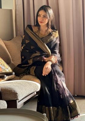 Black Woven Silk Blend Saree Set