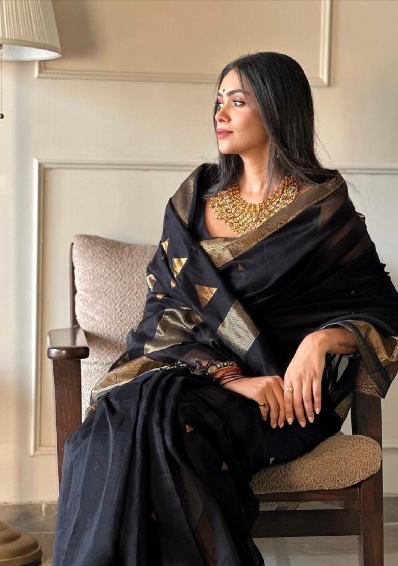 Black Woven Silk Blend Saree Set - Indya