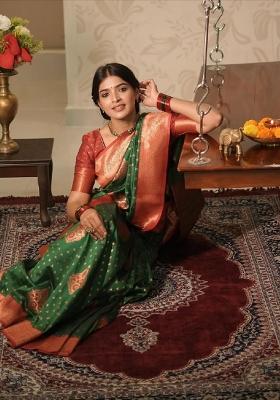 Green Woven Silk Blend Saree Set