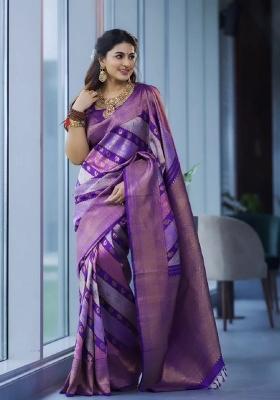 Purple Woven Silk Blend Saree Set