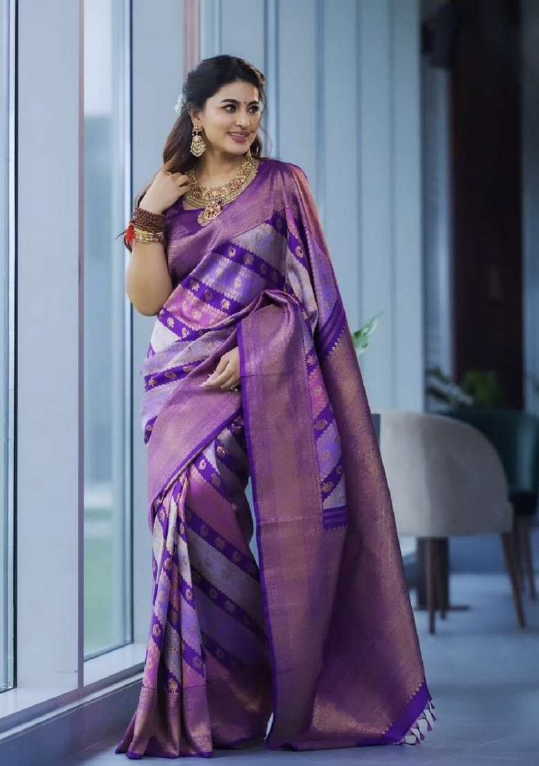 Purple Woven Silk Blend Saree Set for Diwali and Festive Wear - Indya