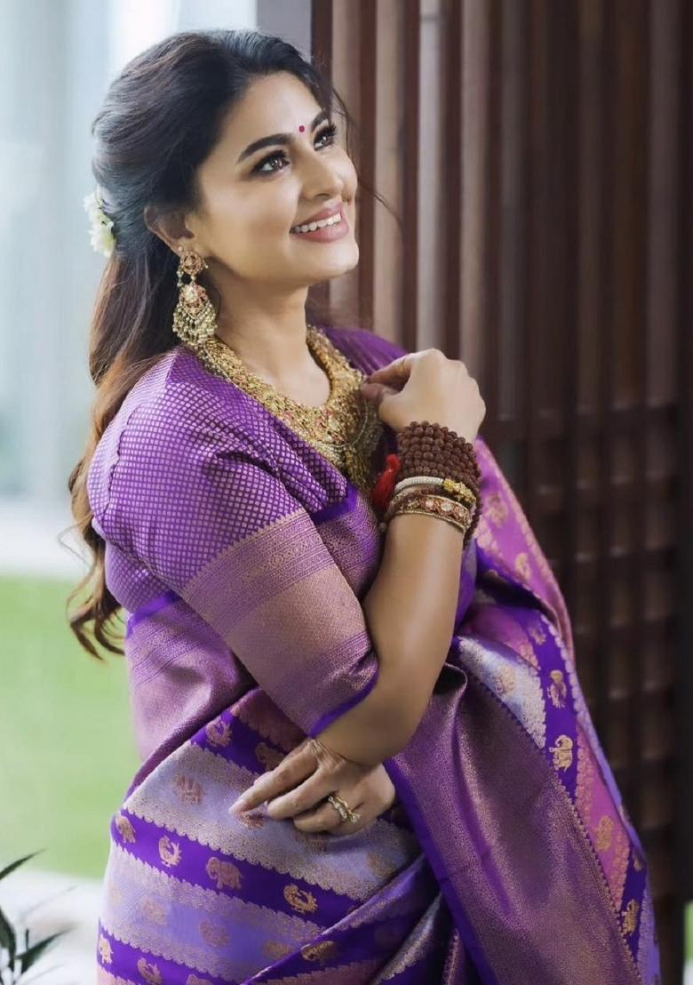 Purple Woven Silk Blend Saree Set - Indya