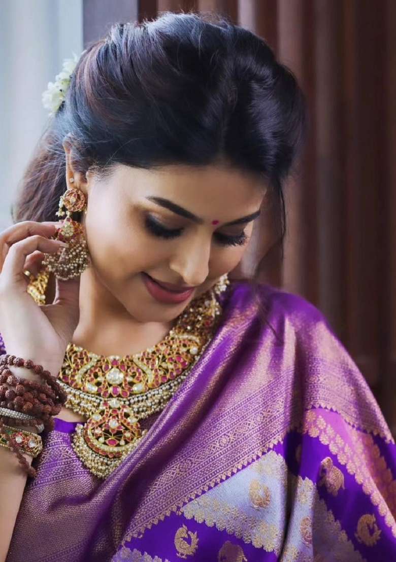Purple Woven Silk Blend Saree Set for Diwali and Festive Wear - Indya