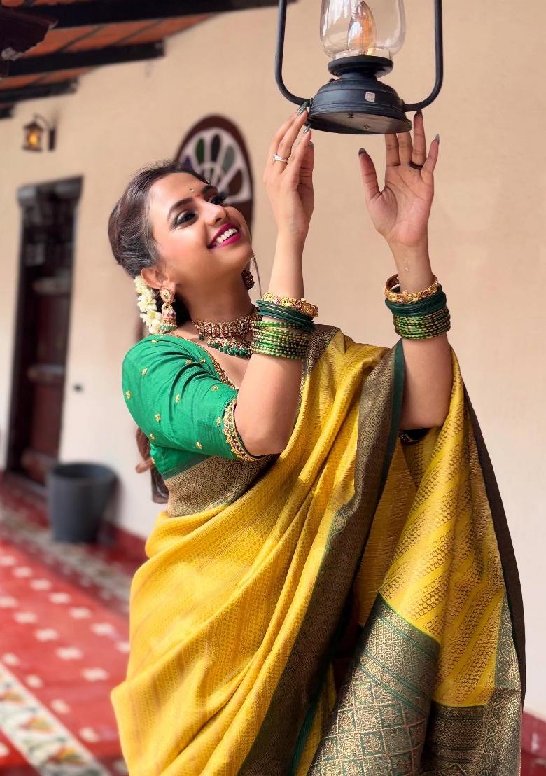 Yellow Woven Silk Blend Saree Set - Indya