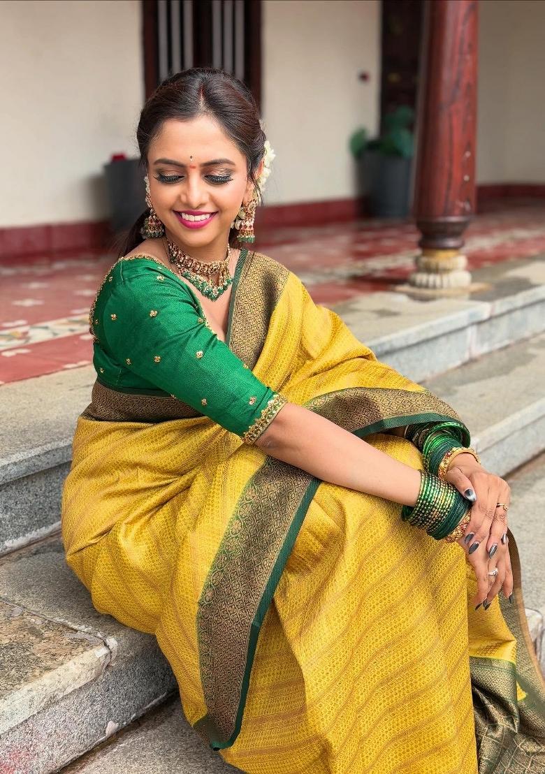 Yellow Woven Silk Blend Saree Set - Indya