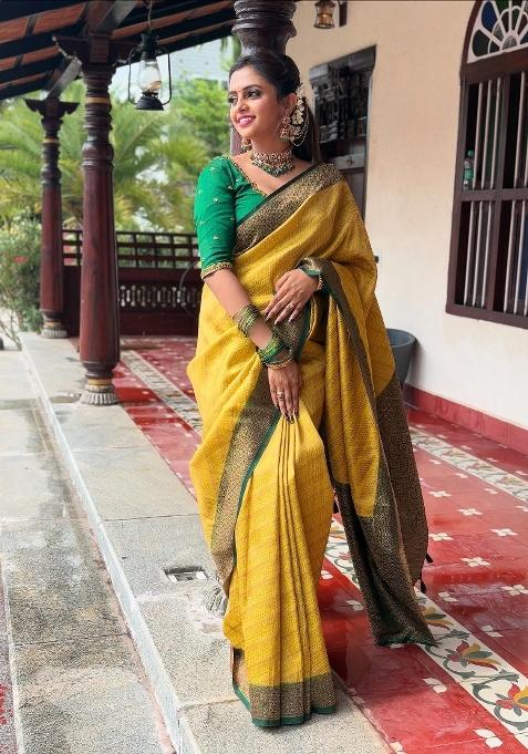 Yellow Woven Silk Blend Saree Set