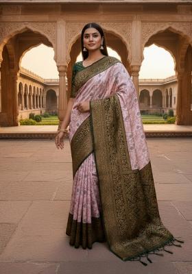 Baby Pink Woven Silk Blend Saree Set