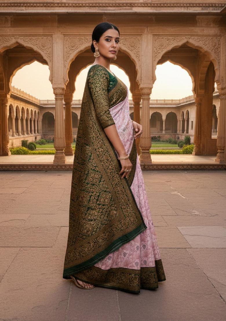 Baby Pink Woven Silk Blend Saree Set - Indya