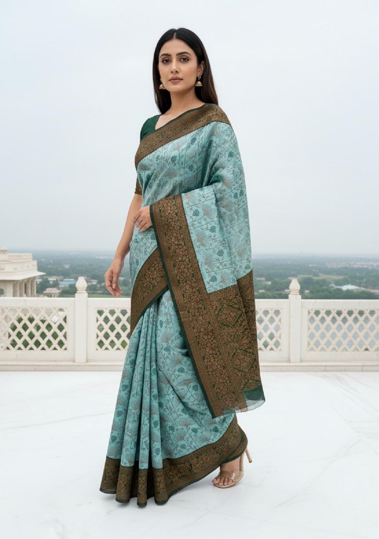 Sea Green Woven Silk Blend Saree Set - Indya