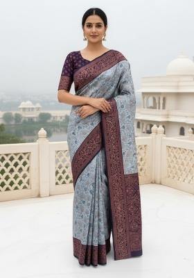 Grey Woven Silk Blend Saree Set