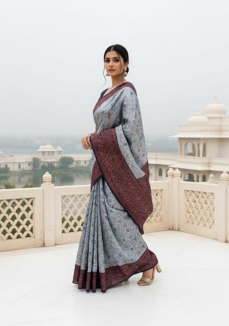 Grey Woven Silk Blend Saree Set - Indya