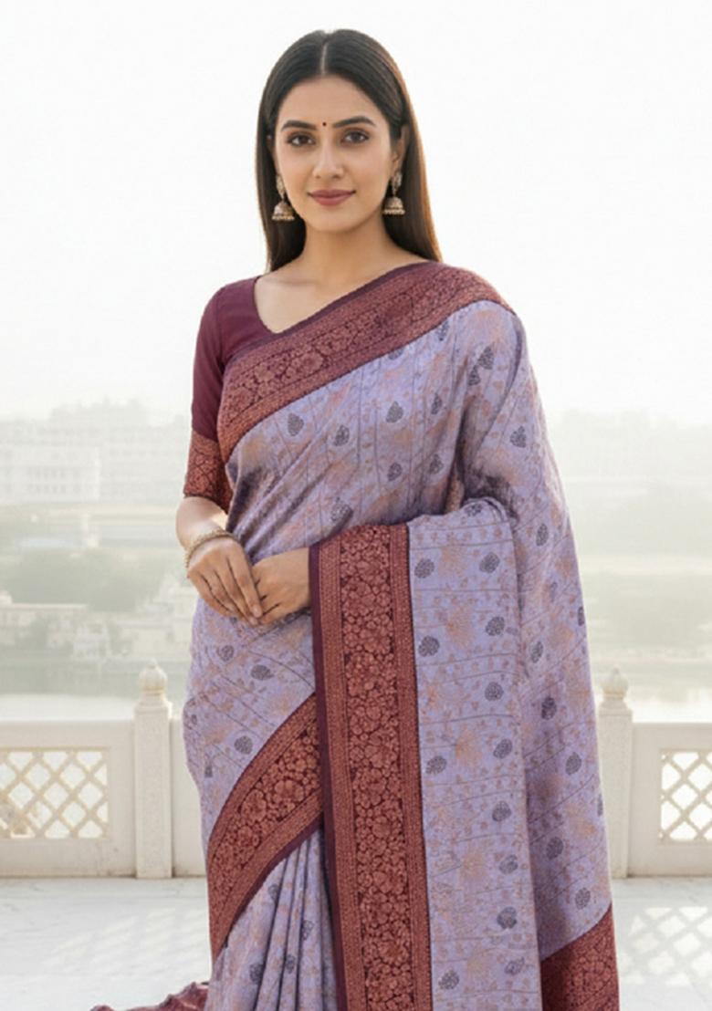 Lavender Woven Silk Blend Saree Set - Indya