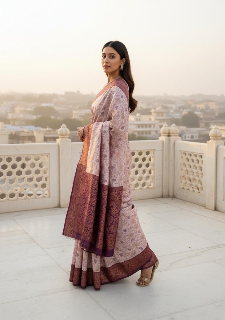 Peach Woven Silk Blend Saree Set - Indya