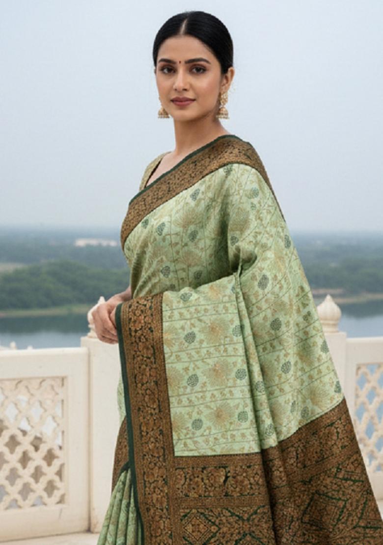 Light Green Woven Silk Blend Saree Set - Indya