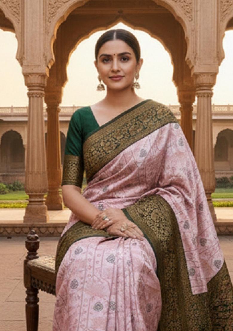 Baby Pink Woven Silk Blend Saree Set - Indya