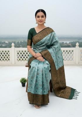 Sea Green Woven Silk Blend Saree Set