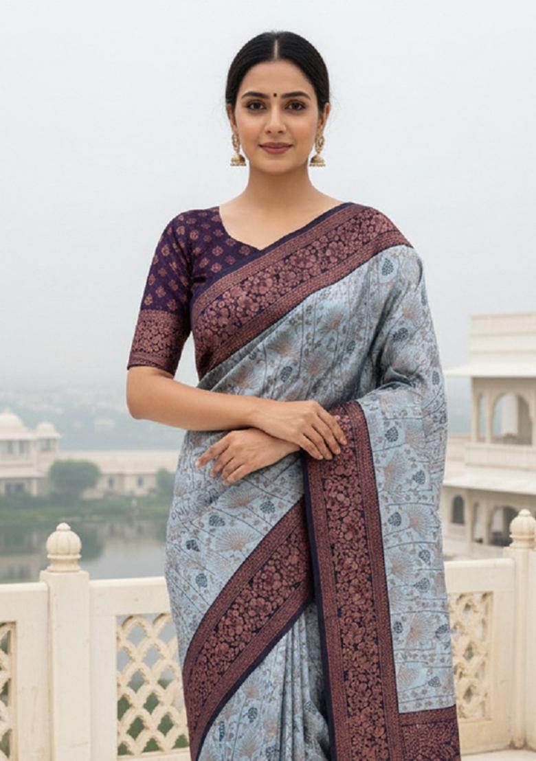 Grey Woven Silk Blend Saree Set - Indya