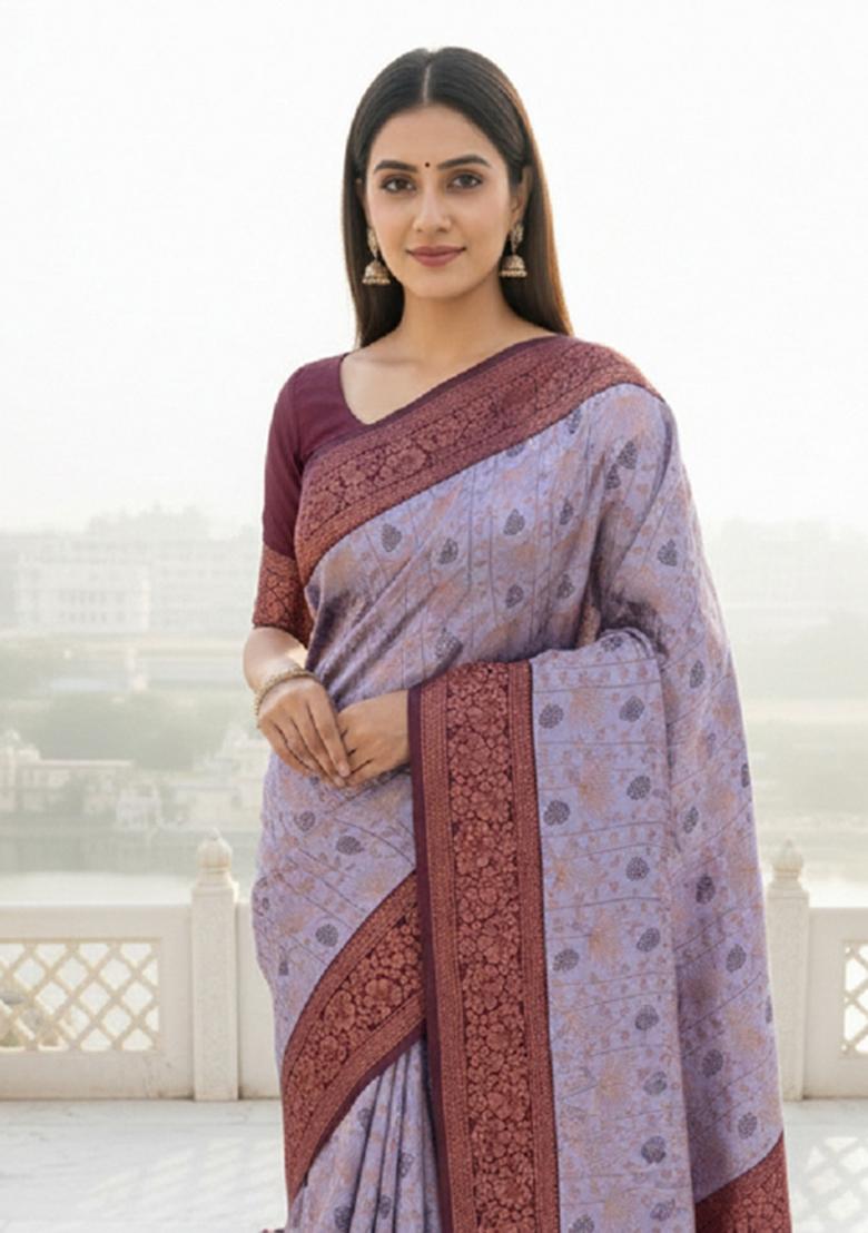 Lavender Woven Silk Blend Saree Set - Indya