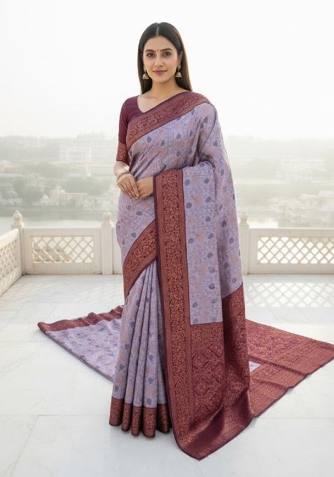 Lavender Woven Silk Blend Saree Set