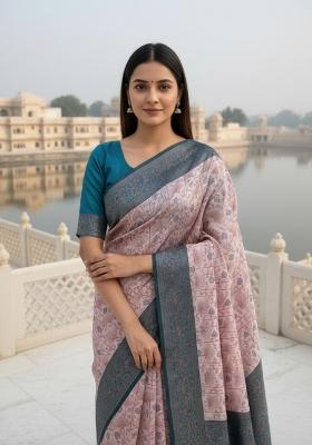 Peach Woven Silk Blend Saree Set