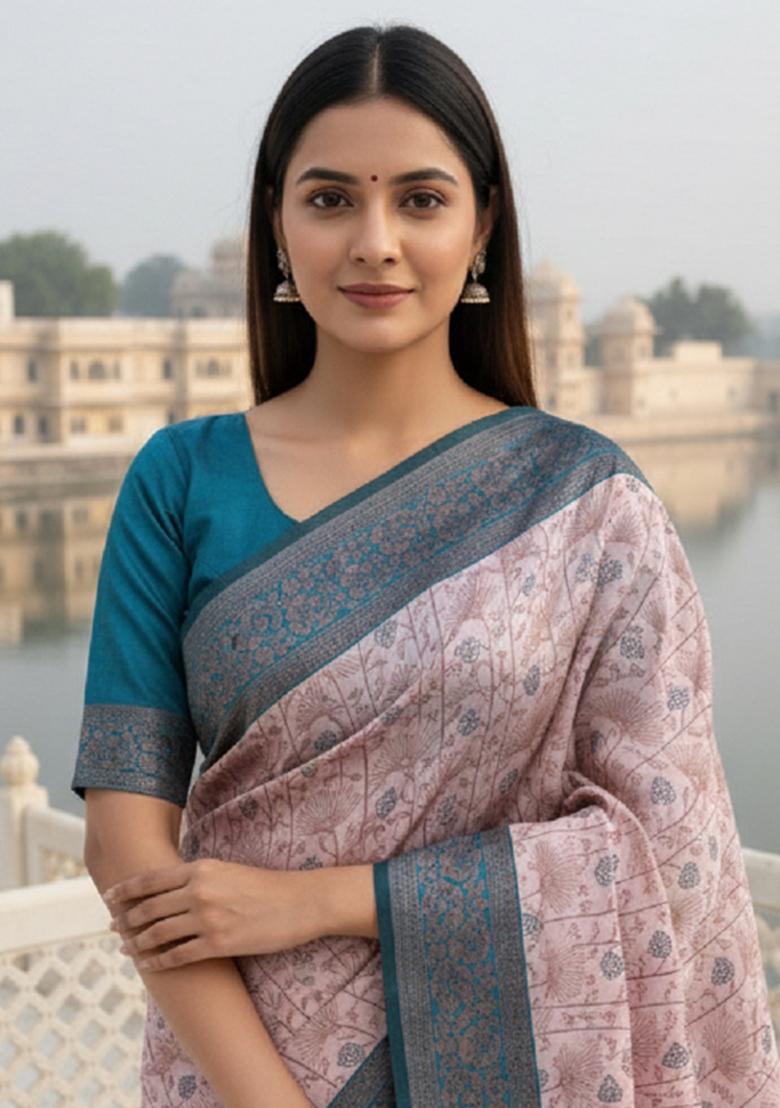 Peach Woven Silk Blend Saree Set - Indya