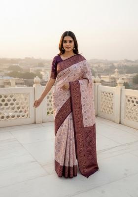 Peach Woven Silk Blend Saree Set