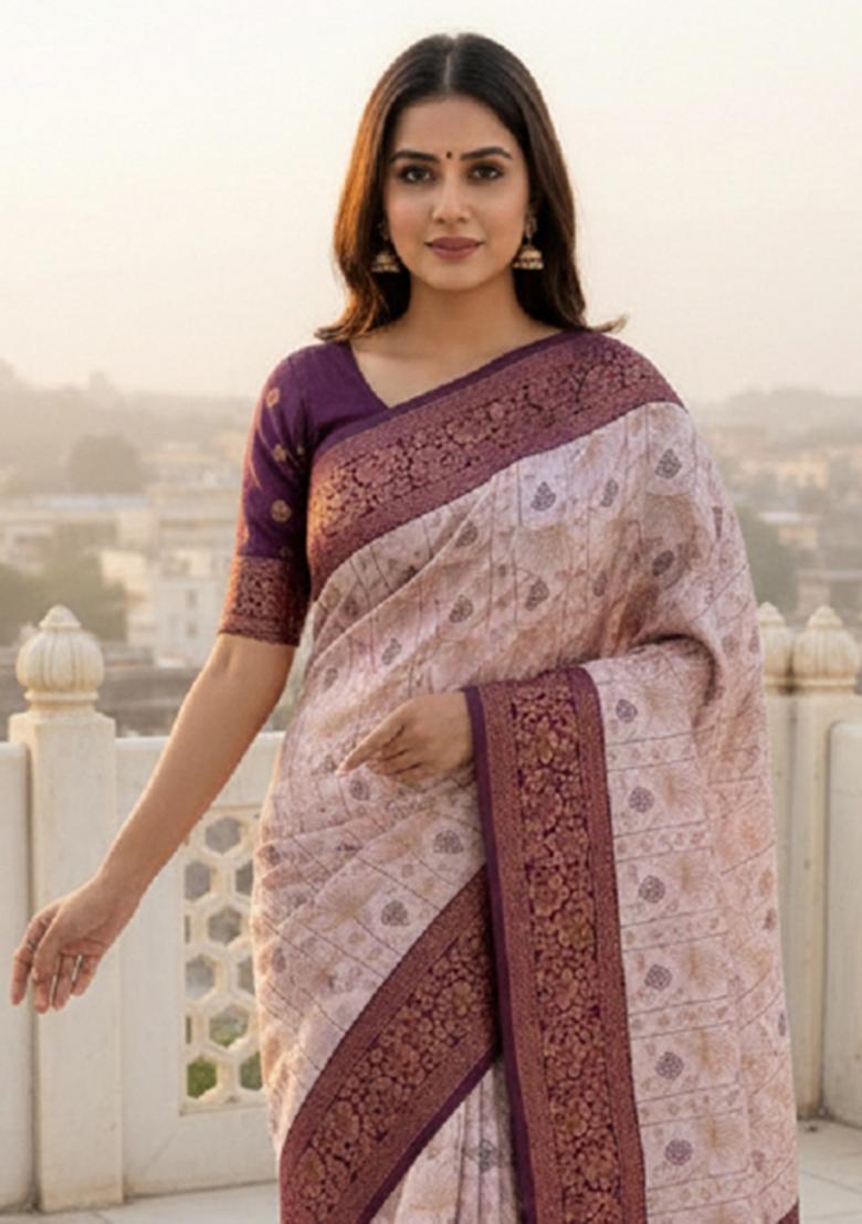 Peach Woven Silk Blend Saree Set - Indya