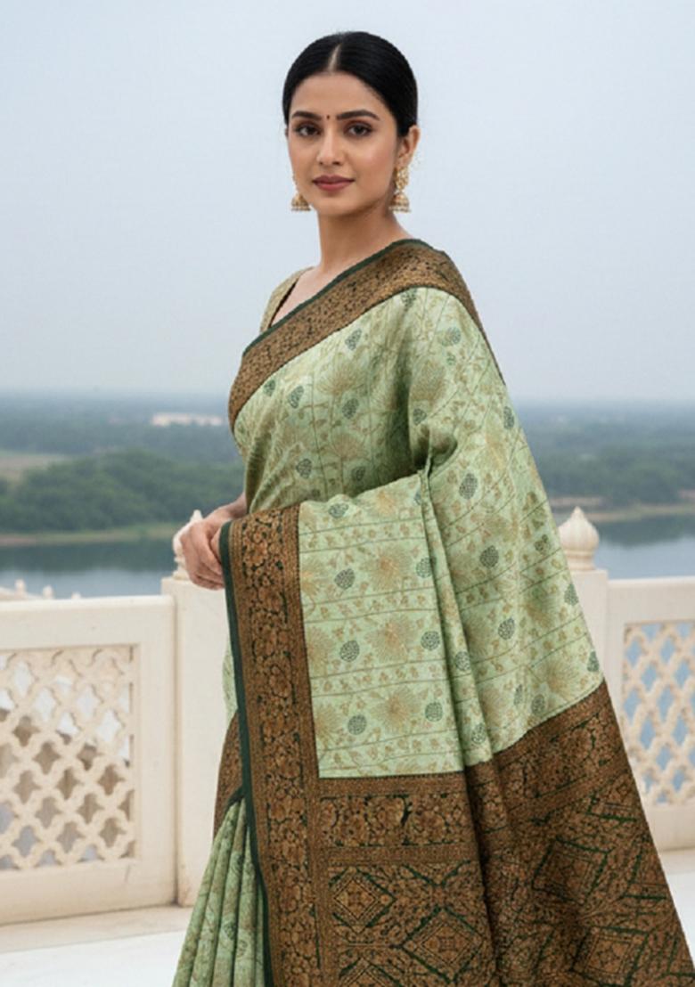 Light Green Woven Silk Blend Saree Set - Indya