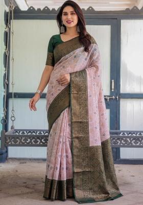 Baby Pink Woven Silk Blend Saree Set