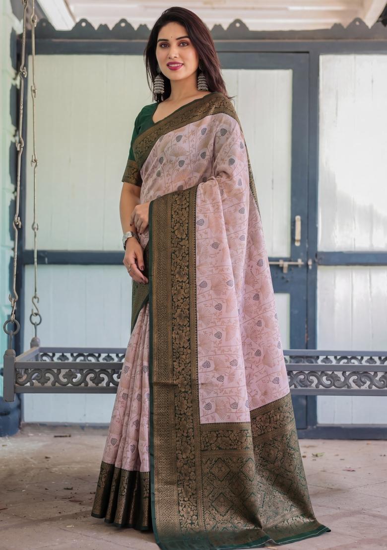 Baby Pink Woven Silk Blend Saree Set - Indya
