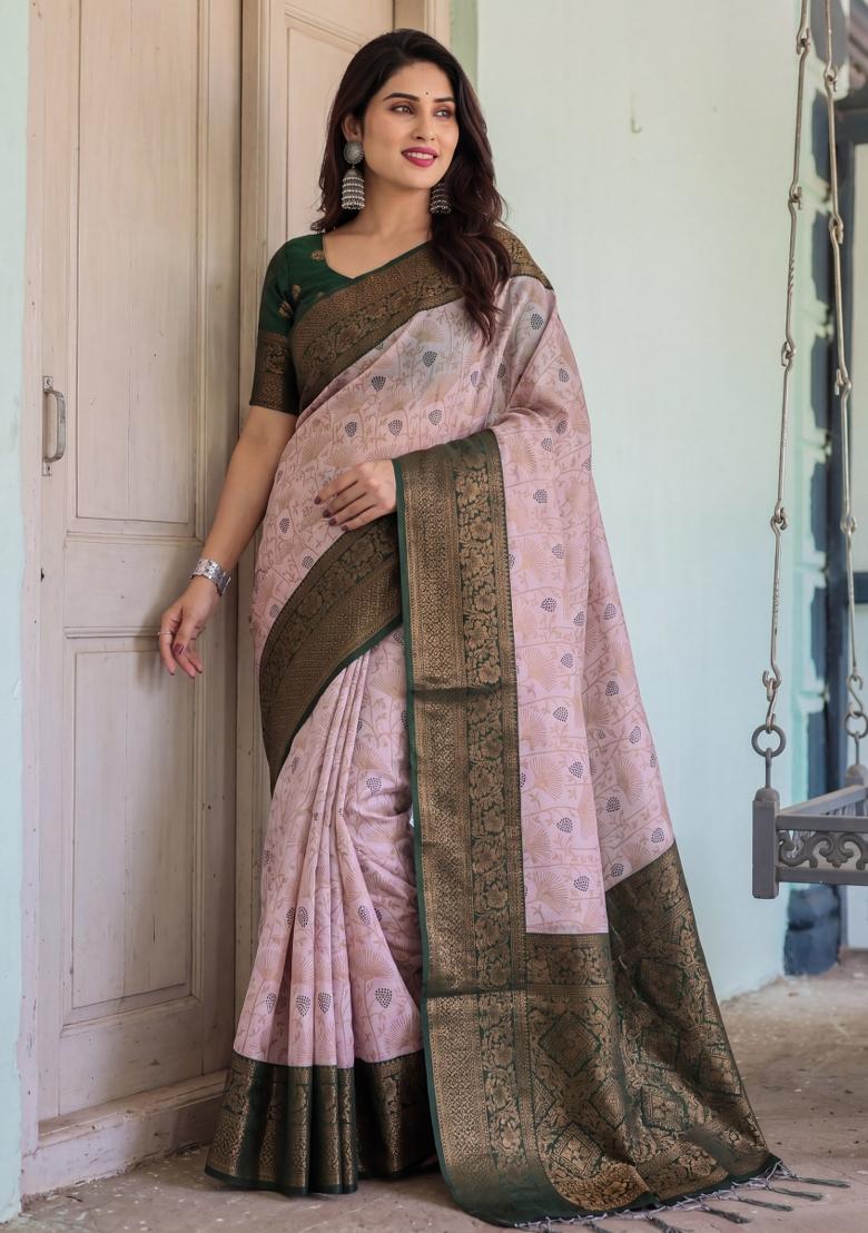 Baby Pink Woven Silk Blend Saree Set - Indya