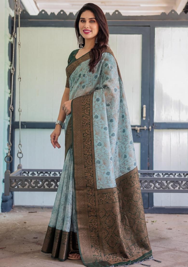 Sea Green Woven Silk Blend Saree Set - Indya