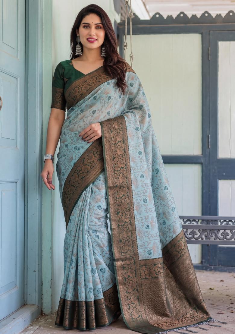 Sea Green Woven Silk Blend Saree Set - Indya