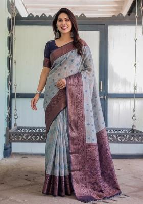 Grey Woven Silk Blend Saree Set