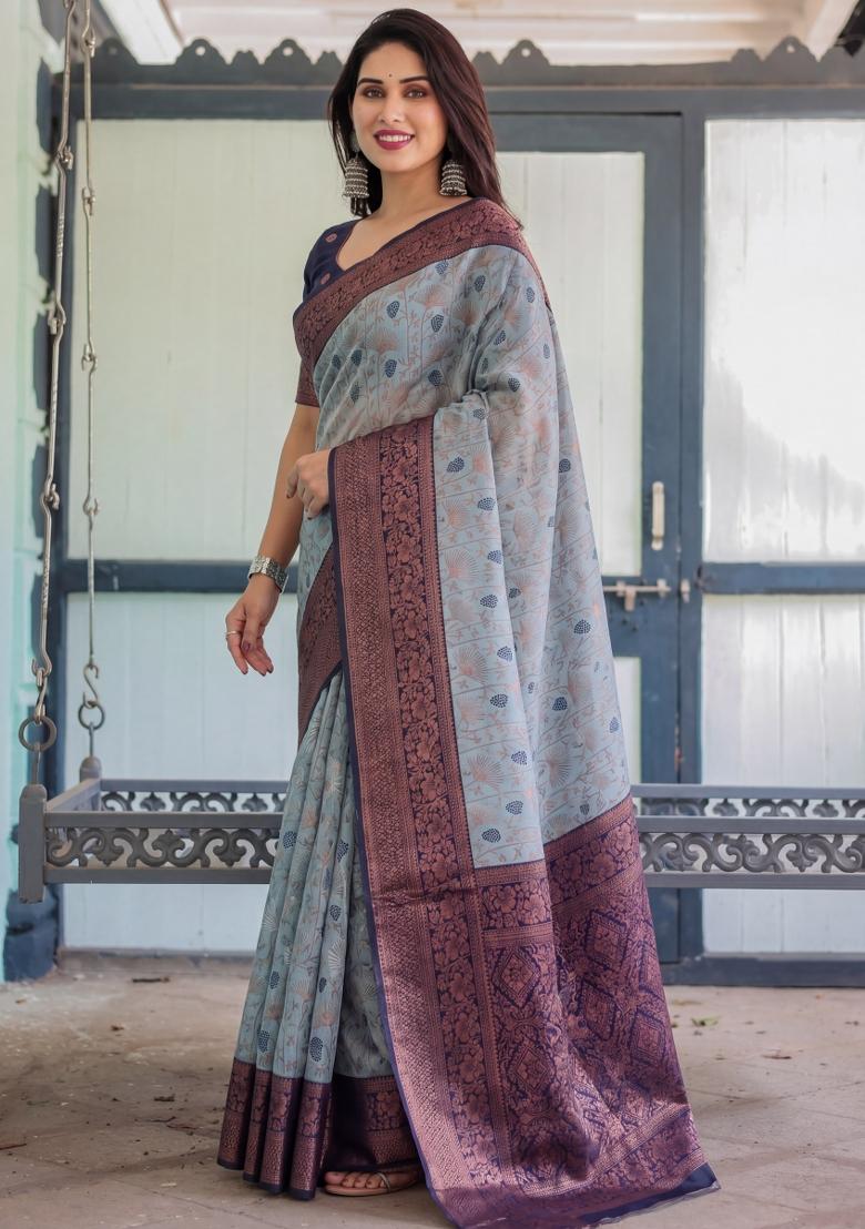 Grey Woven Silk Blend Saree Set - Indya