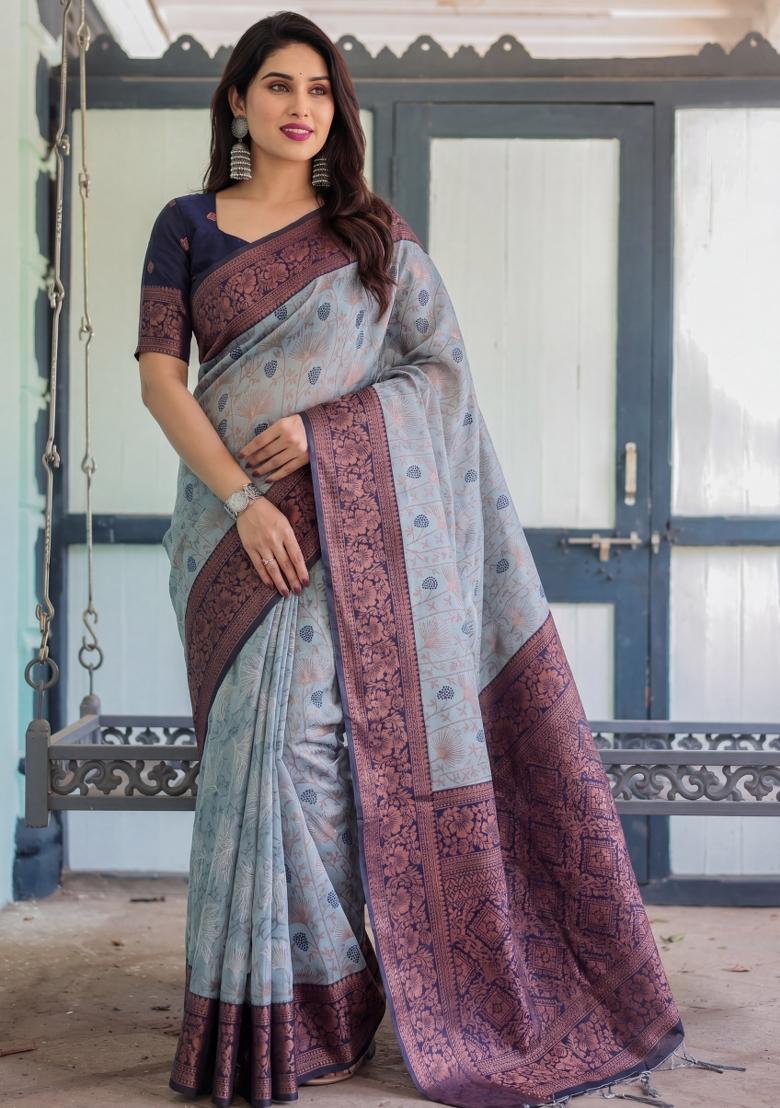 Grey Woven Silk Blend Saree Set - Indya