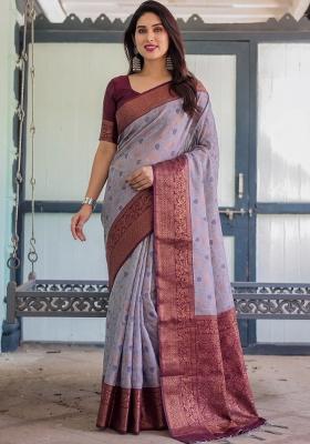 Lavender Woven Silk Blend Saree Set