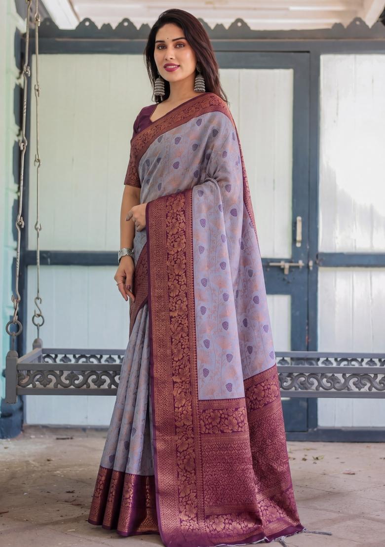 Lavender Woven Silk Blend Saree Set - Indya