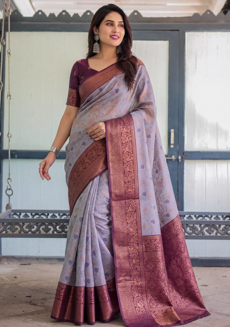 Lavender Woven Silk Blend Saree Set - Indya
